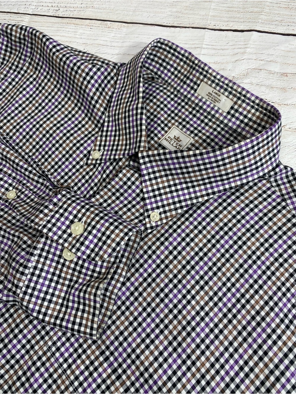 Peter Millar Purple, Black & White Gingham Button-Down Long Sleeve Shirt Large